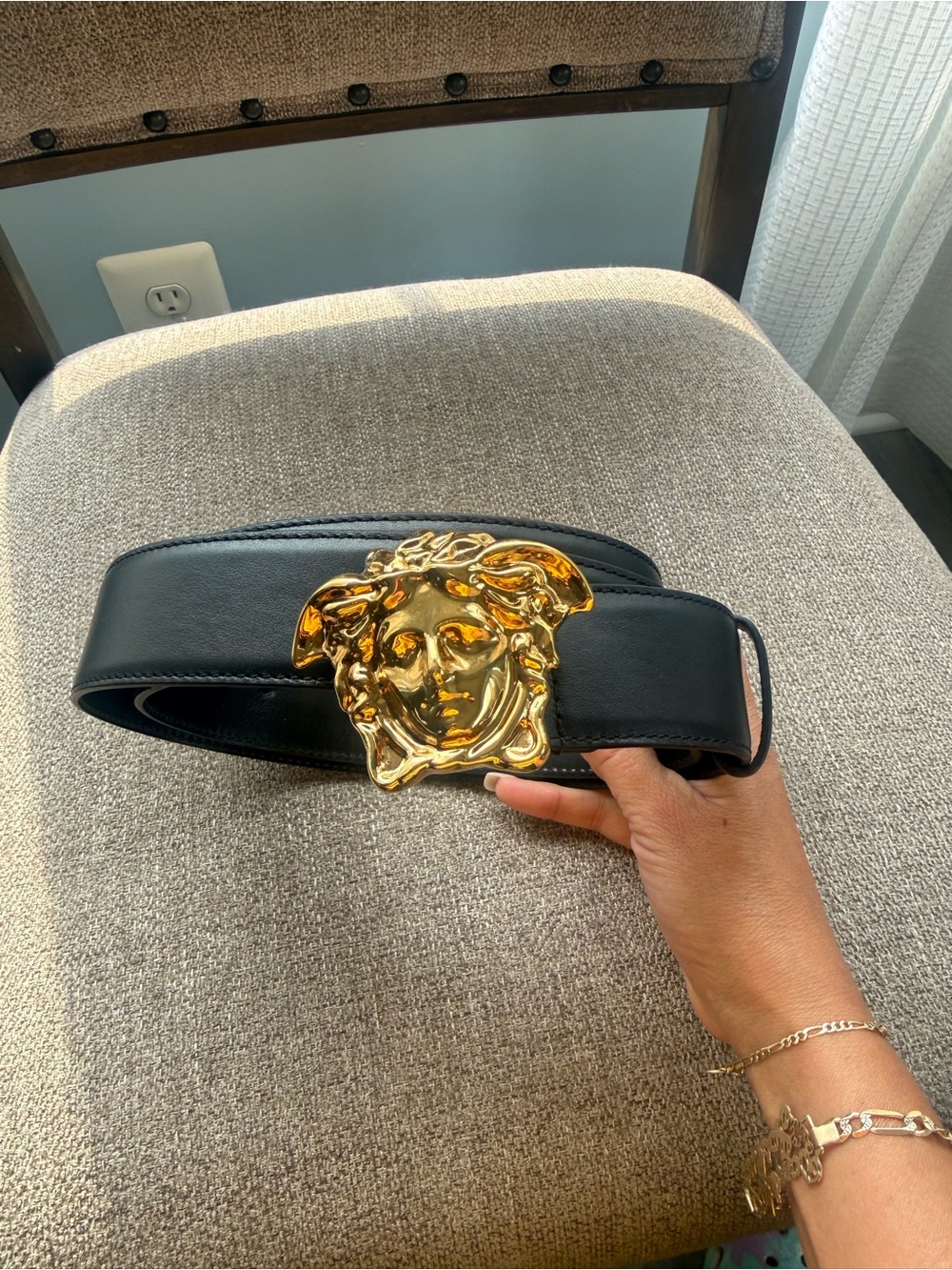 Versace Black Leather Belt with Gold Medusa Buckle Statement
